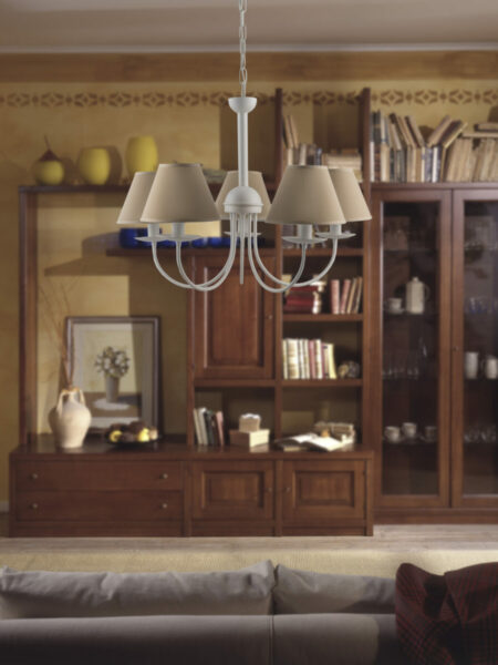 Lampadario Bianco 5 Luci Shabby Chic Paralumi Tortora