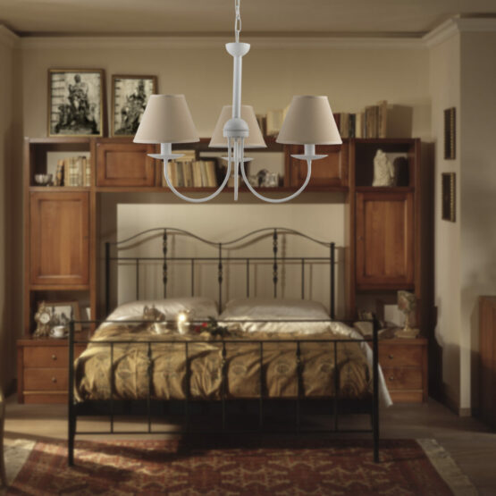 Lampadario Bianco 3 Luci Provenzale Shabby Chic con Paralumi Tortora