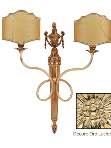 Applique 2 Luci Ottone Lavorato Oro Lucido Paralumi Pergamena