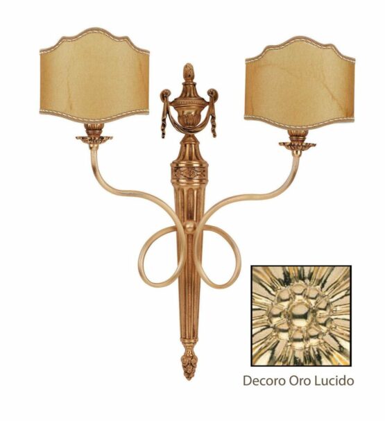 Applique 2 Luci Ottone Lavorato Oro Lucido Paralumi Pergamena