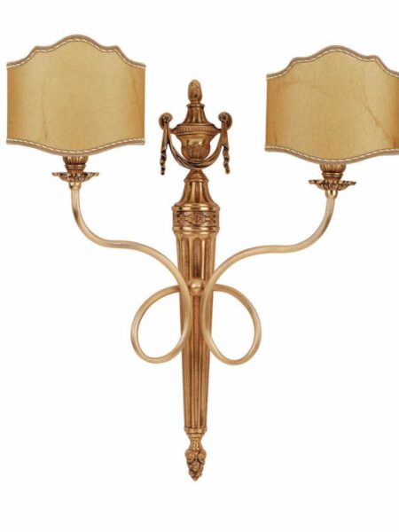 Applique 2 Luci Ottone Lavorato Oro Francese Paralumi Pergamena