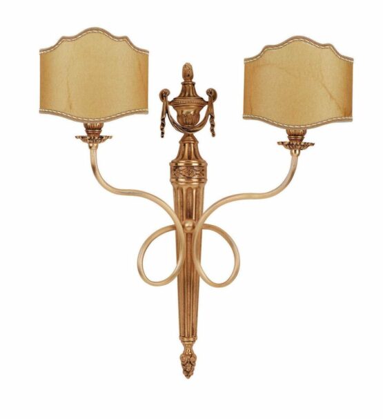 Applique 2 Luci Ottone Lavorato Oro Francese Paralumi Pergamena