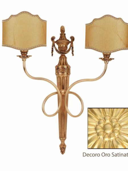 Applique 2 Luci Ottone Lavorato Oro Satinato Paralumi Pergamena