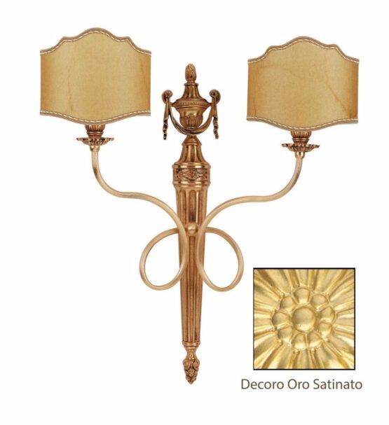 Applique 2 Luci Ottone Lavorato Oro Satinato Paralumi Pergamena