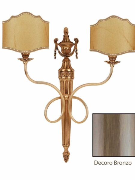 Applique 2 Luci Ottone Lavorato Bronzo Paralumi Pergamena