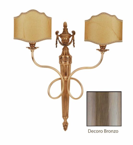 Applique 2 Luci Ottone Lavorato Bronzo Paralumi Pergamena