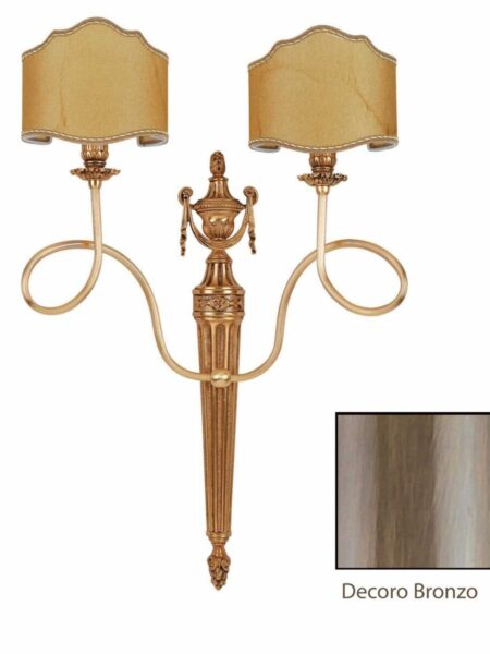 Applique Ottone 2 Luci Lavorato Bronzo Paralumi Pergamena