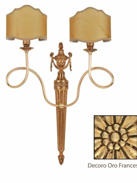 Applique Ottone 2 Luci Lavorato Oro Francese Paralumi Pergamena