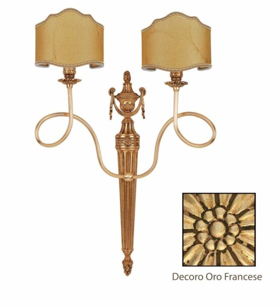 Applique Ottone 2 Luci Lavorato Oro Francese Paralumi Pergamena