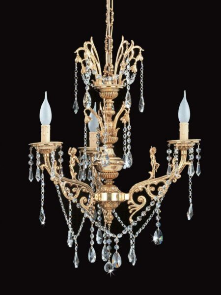 Lampadario 5 Luci Ottone Oro Lucido Cristalli Asfour