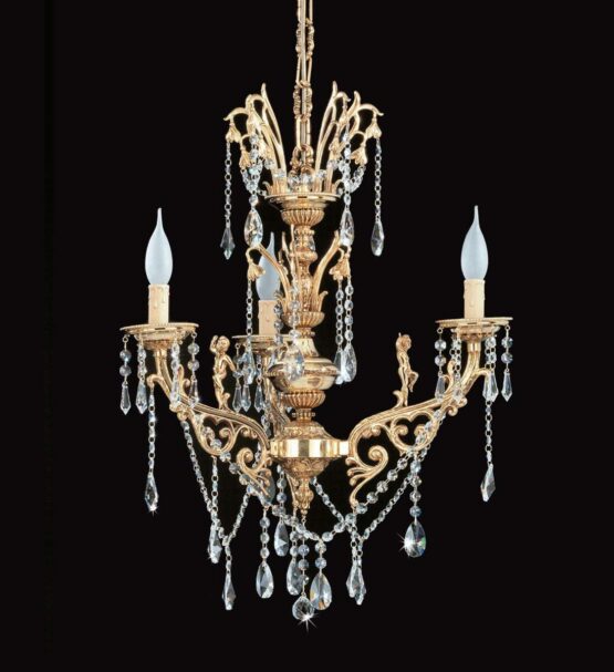 Lampadario 5 Luci Ottone Oro Lucido Cristalli Asfour