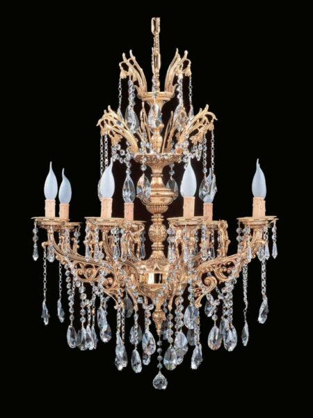 Lampadario 12 Luci Ottone Oro Lucido Cristalli Asfour