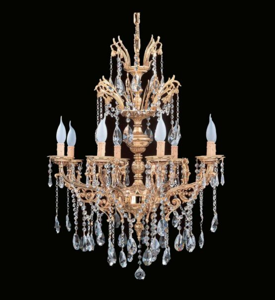 Lampadario 12 Luci Ottone Oro Lucido Cristalli Asfour