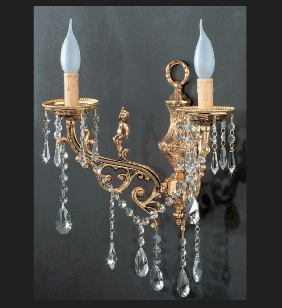 Applique 2 Luci Ottone Oro Lucido Cristalli Asfour