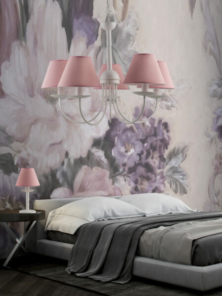 Lampadario Camerette Bianco 5 Luci Shabby Chic Paralumi Rosa