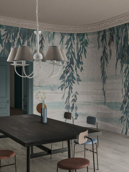 Lampadario Bianco 5 Luci Shabby Chic Paralumi Grigio Tortora