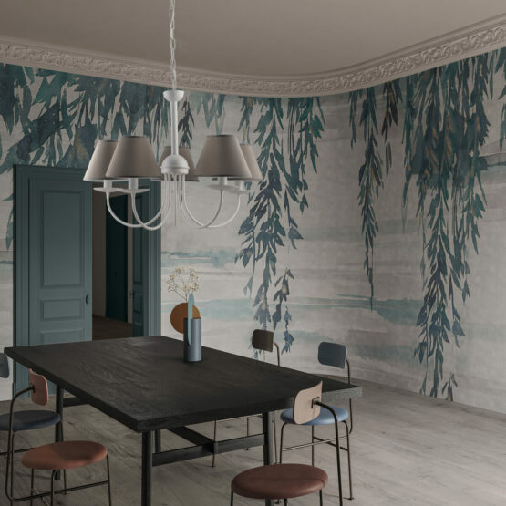Lampadario Bianco 5 Luci Shabby Chic Paralumi Grigio Tortora