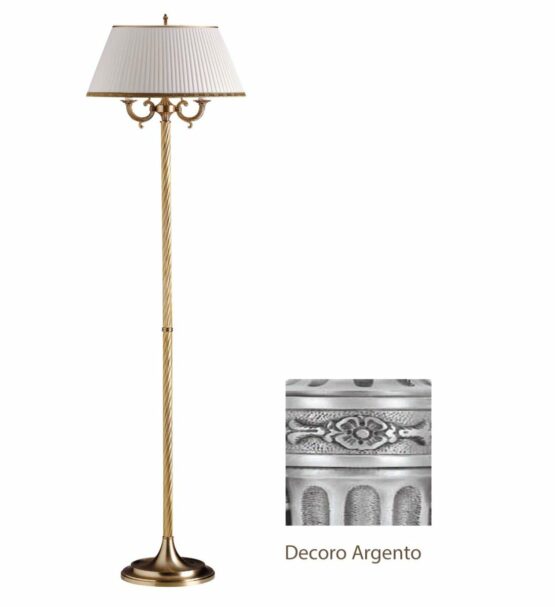 Piantana 2 Luci Ottone Argento Antico Paralume Ovale Plissè