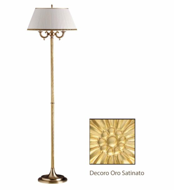 Piantana 2 Luci Ottone Oro Satinato Paralume Ovale Plissè