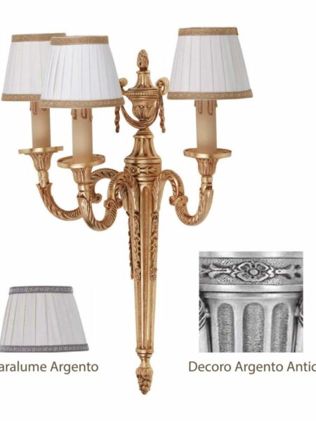 Applique Ottone Classico 3 Luci Argento Antico Paralumi