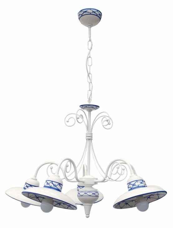 Lampadario 5 Luci Ceramica Bianco Intreccio Blu