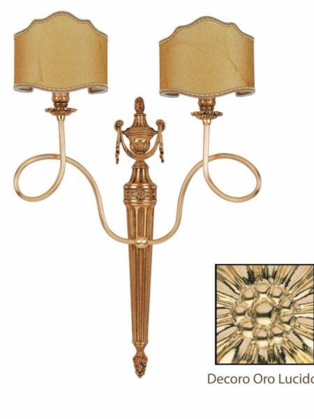 Applique Ottone 2 Luci Lavorato Oro Lucido Paralumi Pergamena