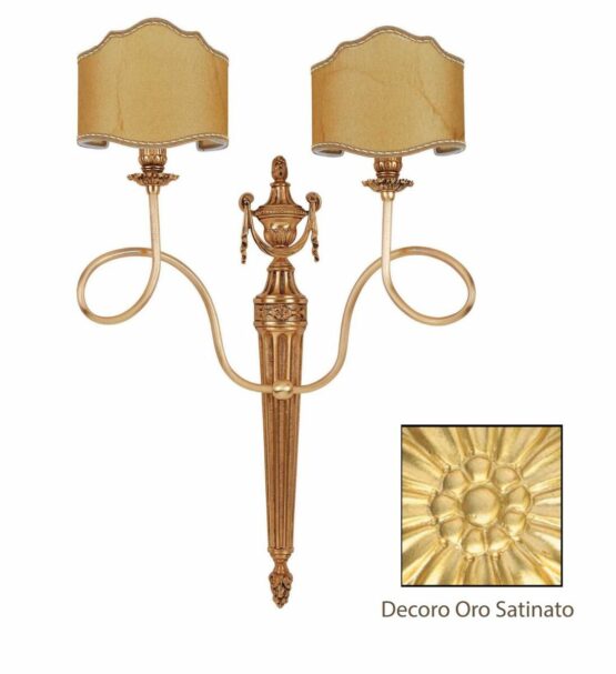 Applique Ottone 2 Luci Lavorato Oro Satinato Paralumi Pergamena