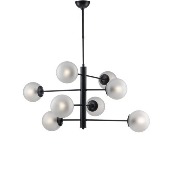 Lampadario Moderno Nero 8 Luci Sfere Vetro Satinato