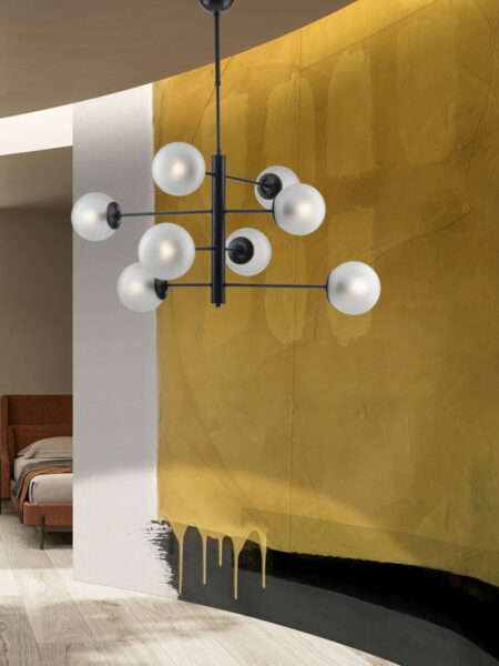 Lampadario Moderno Nero 8 Luci Sfere Vetro Satinato