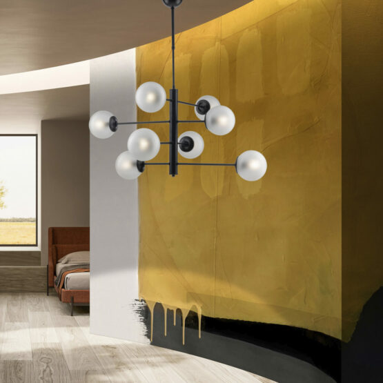 Lampadario Moderno Nero 8 Luci Sfere Vetro Satinato