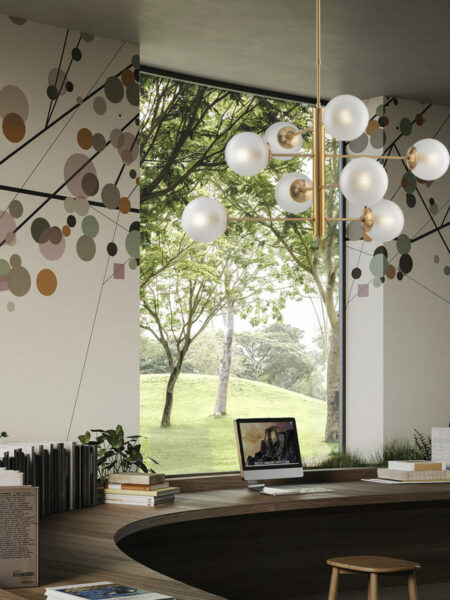Lampadario Oro Satinato 8 Luci Sfere Vetro Satinato