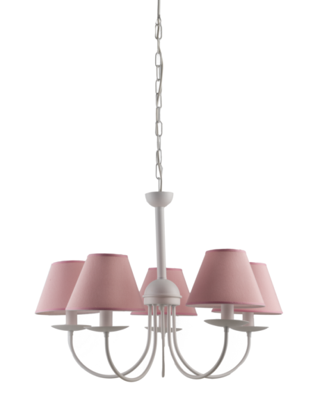 Lampadario Camerette Bianco 5 Luci Shabby Chic Paralumi Rosa