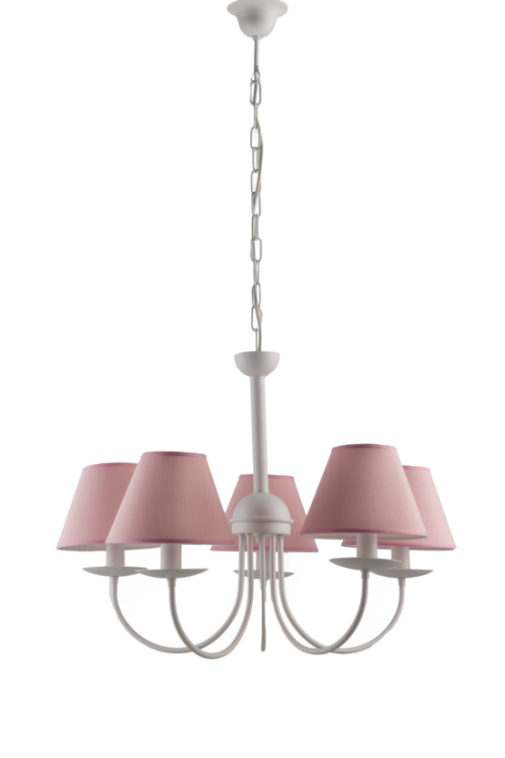 Lampadario Camerette Bianco 5 Luci Shabby Chic Paralumi Rosa