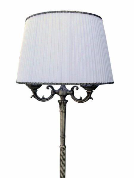 Piantana Argento Antico 3 Luci Ottone Paralume Plissè Bianco