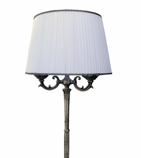 Piantana Argento Antico 3 Luci Ottone Paralume Plissè Bianco